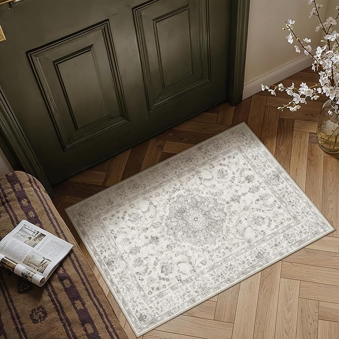 PureCozy 2x3 Washable Small Entryway Rug Gray Vintage Oriental Retro | Non Slip, Soft Low Pile, Door Mat for Bathroom, Indoor Entrance, Kitchen