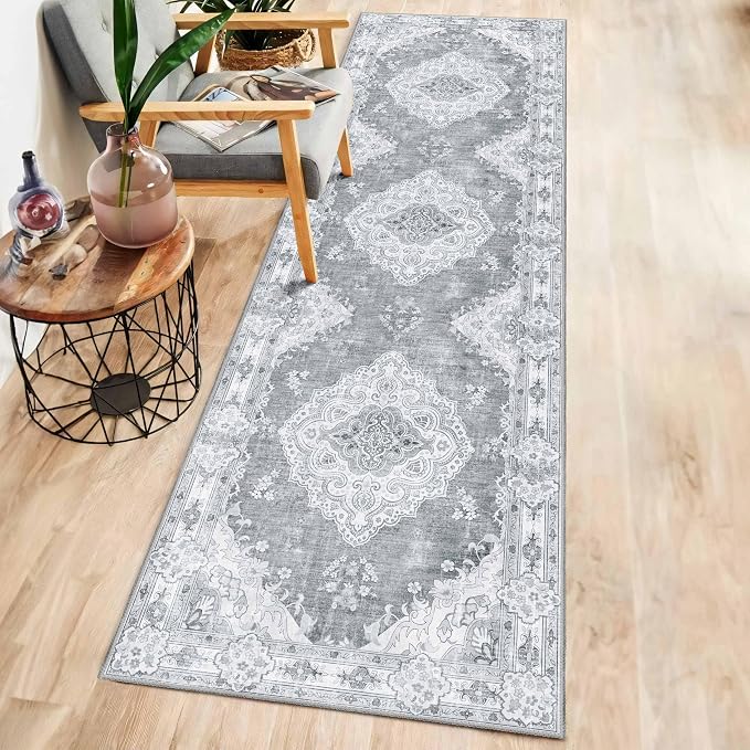 MUJOO Grey Runner Rug Washable 2x8 Area Rugs Non Slip Low-Pile Floral | Long Throw Carpet for Hallways Entryway Kitchen Bathroom Bedside Bedroom Laundry Boho Soft Indoor Vintage Bohemian Flowers