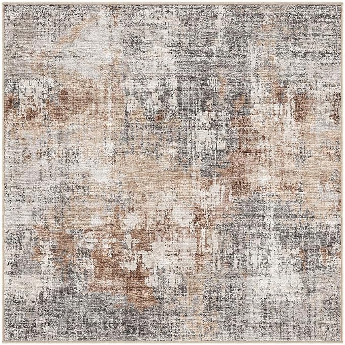 DMOYEST Square Area Rug Living Room Rugs - 8x8 Washable Large Soft Indoor Neutral Modern Abstract Low Pile Rug Carpet for Bedroom Dining Room Farmhouse Home Office - Grey Brown