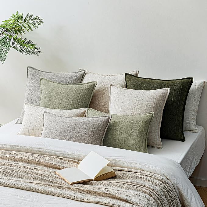 a moment Linen Pillow Covers Set of 2,Boho Farmhouse Throw Pillowcases Neutral Textured Decorative Covers for Couch Sofa,Linen Blend Accent Case Cushion Living Room Home Decor 22"x22"Seeding Green