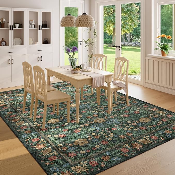 DUKINO 6x9 Area Rug, Vintage Floral Washable Rugs for Living Room, Green | Non Slip, Low Pile, Non-Shedding, Soft Indoor Large Carpet for Bedroom, Office, Dining Room, Farmhouse, Nursery, Home Decor
