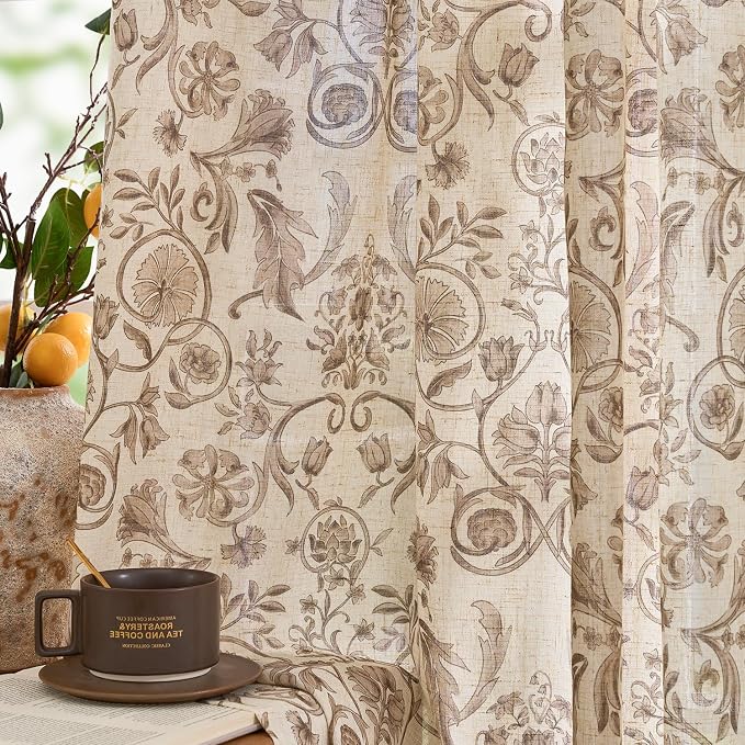 jinchan Linen Floral Curtains for Living Room with Printed Flower 90 Inches Long Light Filtering Farmhouse Window Treatment Vintage Drapes Back Tab Rod Pocket 2 Panels Taupe on Beige
