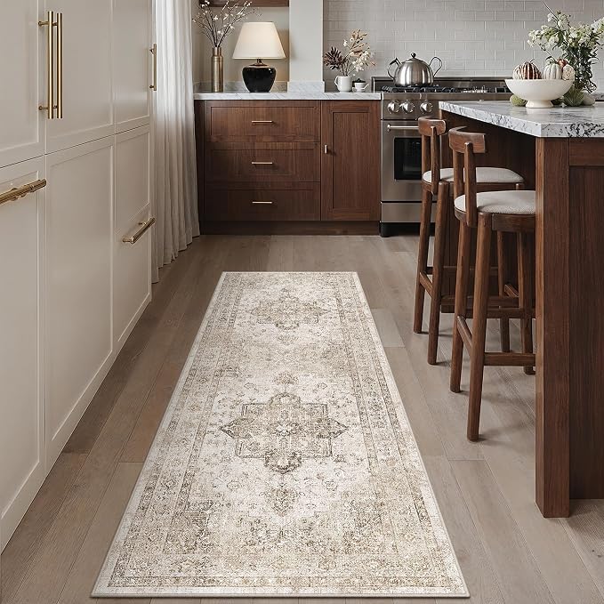 PureCozy Taupe Runner Rug 2x6 Hallway Kitchen Washable Vintage Carpet Non Slip Retro Distressed Low Pile Soft Oriental Medallion Thin Long Throw Rug for Entryway Bathroom Office Laundry Dining Room