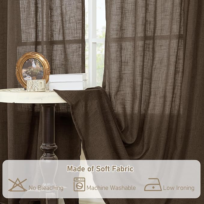 LAMIT Linen Semi Sheer Curtains 48 Inch for Bedroom, Light Filtering Neutral Window Curtains Farmhouse Boho Back Tab and Rod Pocket Panels, Dark Brown, 2 Panels, 52 x 48 Inch