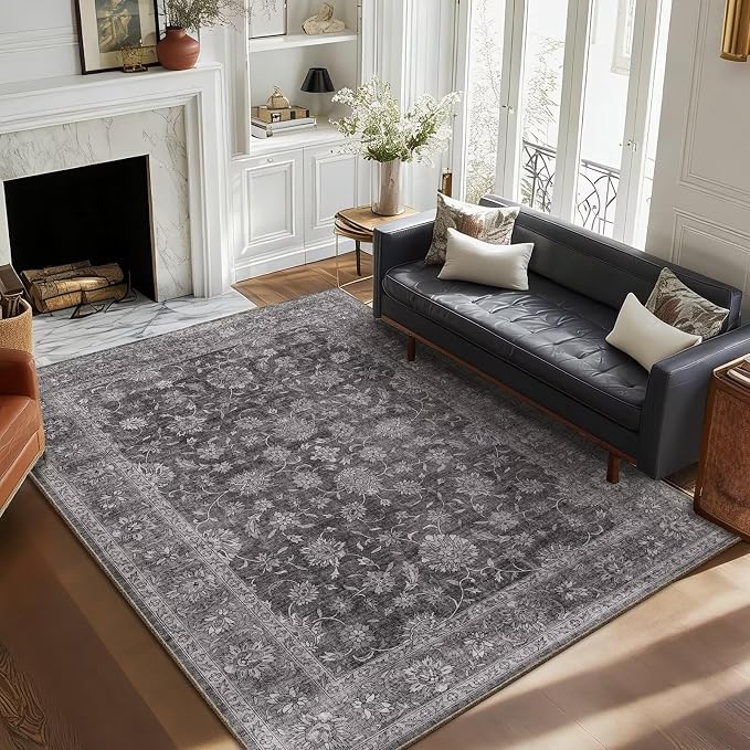 Boho Washable 5x7 Area Rugs for Living Room, Cushioned, Dark Grey | Vintage Non-slip Rugs for Bedroom Dining Room Nursery Office, 0.3" Neutral Oriental Throw Thin Carpet, Grey/Multi