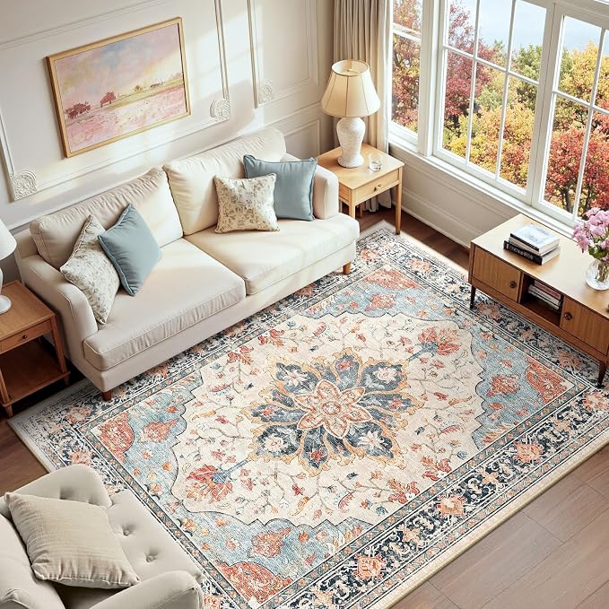 RELEANY Area Rugs 6'x9' Washable Non-Slip, Floral Vintage Distress Medallion Carpet for Living Room Bedroom Dining Room, Beige Navy Blue Orange Colorful