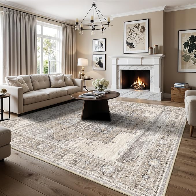 9x9 Living Room Square Area Rug, Vintage Large Washable Square Rugs for Bedroom/Dining Room/Home Office/Study Room Non Slip & Stain Resistant Carpets for Home with Dogs Cats 9X9 Beige