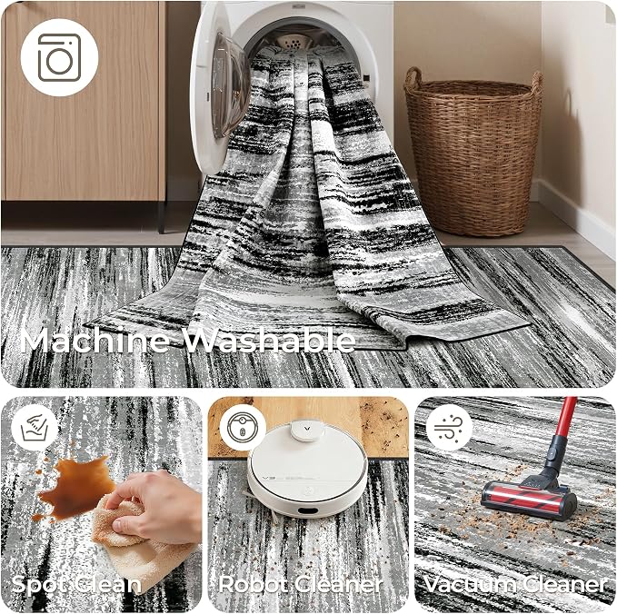 2'6 x 8' Runner Rug Non Slip,Washable Kitchen Rugs,Black | Neutral Rugs for Kitchen,Entryway,Bedroom,Bathroom,Nursery Room,Thin,Soft Runner Rug,Stain Resistant Indoor Carpet