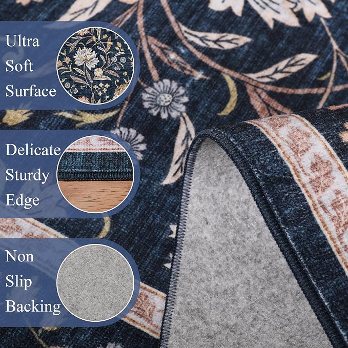 DUKINO 2x10 Runner Rug for Hallway, Washable Vintage Floral Rug, Navy Blue | Non Slip, Low Pile, Non-Shedding, Stain Resistant Soft Long Runner Carpet for Kitchen Bathroom Entryway Bedroom Farmhouse