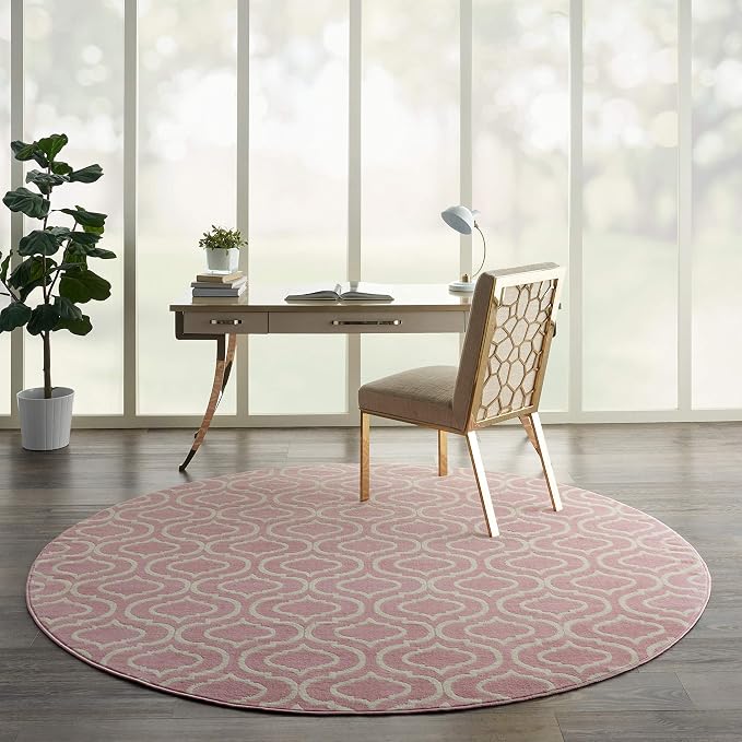 Nourison Home Jubilant Trellis Pink 8' x Round Area-Rug, Easy-Cleaning, Non Shedding, Bed Room, Living Room, Dining Room, Kitchen (8 Round)