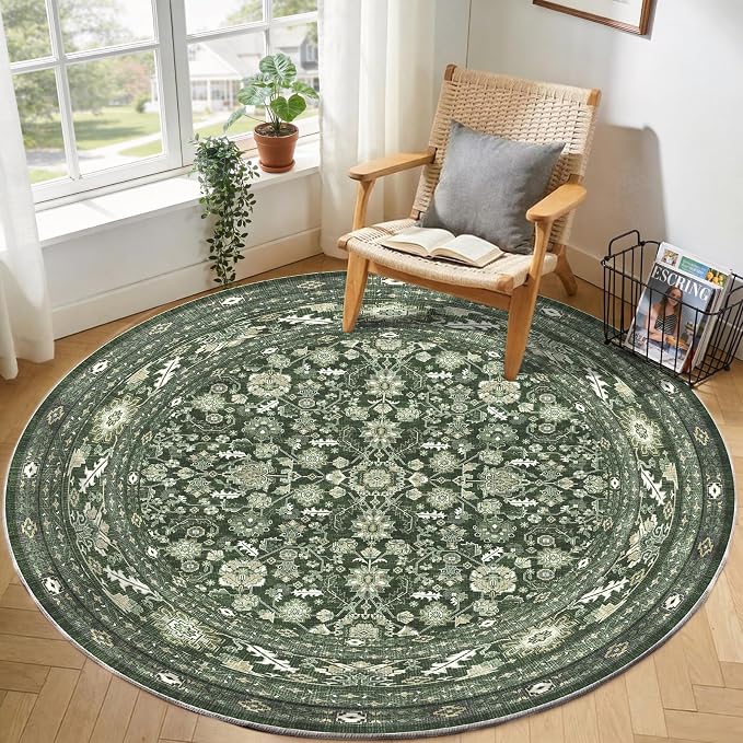 OPPODREAM Low-Pile Area Rugs, Faux Wool Carpet for Living Room, Kitchen, Office, Dorm, Bedroom, Vintage Washable Rug Non Slip, Dark Green, 6'