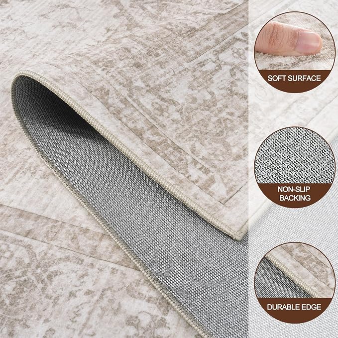 5x7 Area Rugs for Living Room:Beige Washable Vintage Medallion Carpet Non-Slip Soft Low Pile Large Rugs Indoor Retro Rug for Bedroom Nursery Dining Table Office Home(Beige Brown, 5'x7')