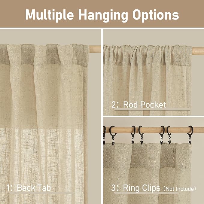 LAMIT Semi Sheer Linen Curtains 48 Inch Length 2 Panels, Light Filtering Panels Back Tab and Rod Pocket Neutral Drapes for Kitchen/Window/Loft Room, 34 x 48 Inch