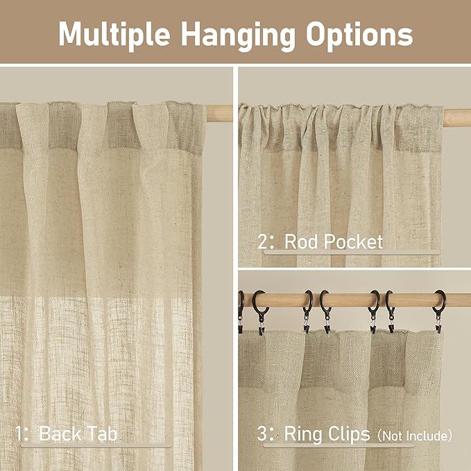 LAMIT Linen Semi Sheer Curtains 40 Inch for Kitchen Window Over Sink, Light Filtering Panels Farmhouse Boho Back Tab and Rod Pocket Drapes for Cafe, Linen, 2 Panels, 52 x 40 Inch
