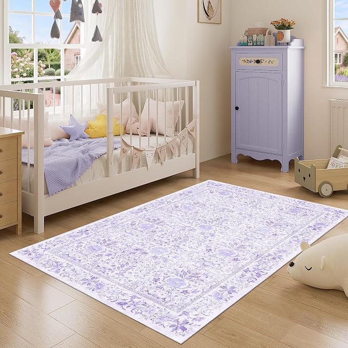 DUKINO 3x5 Rug, Washable Vintage Floral Bedroom Area Rug Non Slip, Purple | Low Pile, Non-Shedding, Aesthetic Lightweight Soft Indoor Small Carpet for Bathroom Entryway Living Room Office Farmhouse