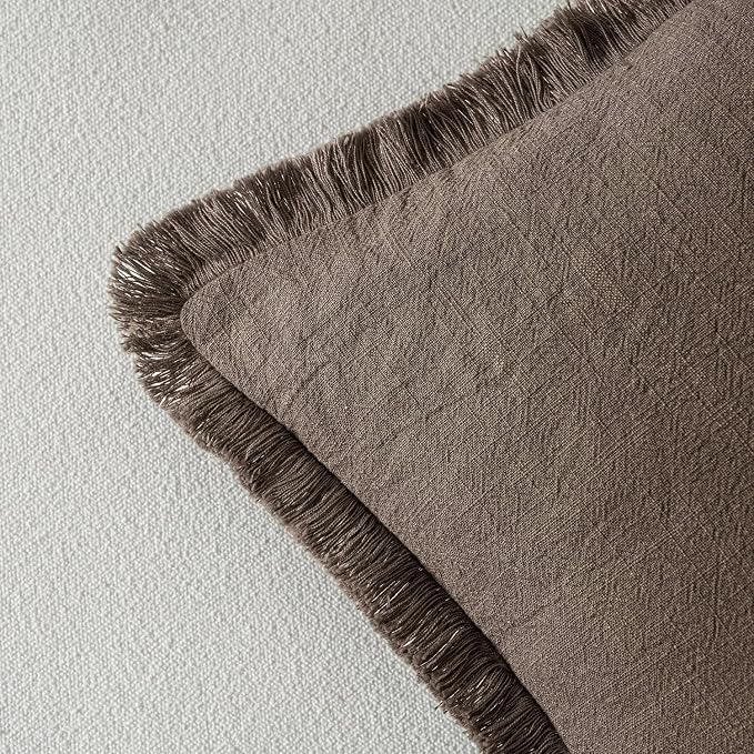 MIULEE Decorative Throw Pillow Covers Neutral Linen Fringe Throw Pillows Set of 2 Natural Coffee Boho Farmhouse Cushion Covers with Tassels for Couch Sofa Bed Living Room Fall Decor 18x18 Inch