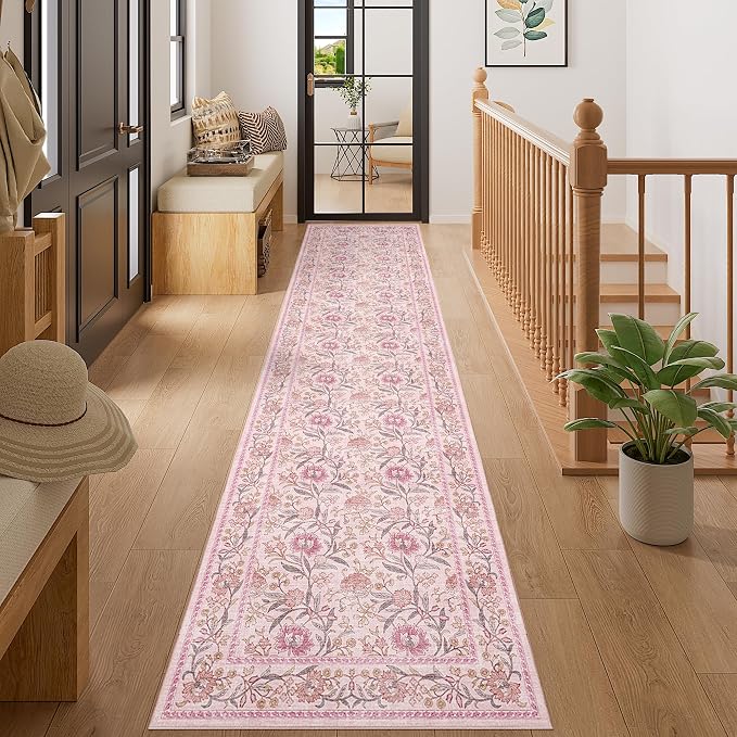 DUKINO 2x10 Runner Rug for Hallway, Washable Vintage Floral Rug, Pink | Non Slip, Low Pile, Non-Shedding, Stain Resistant Soft Long Runner Carpet for Kitchen Bathroom Entryway Bedroom Farmhouse