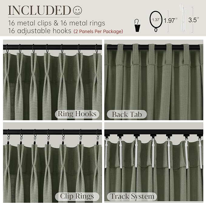 Sage Green Pinch Pleated Linen Curtains 102 Inches Long for Living Room Bedroom with Rings Hooks Clips Back Tab Semi Sheer Curtains Light Filtering Boho Farmhouse Drapes Light Green