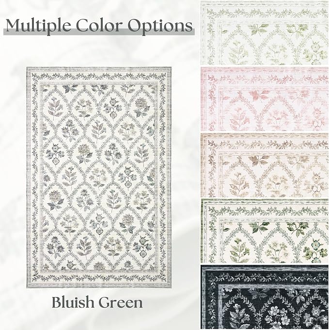Blue Floral 8x10 Area Rugs for Living Room, Blue and Green Multi Bedroom Rug Boho Low-Pile Dining Room Washable 8x10, Vintage Soft Indoor Non-Slip Floor Carpet Office Rug Playroom