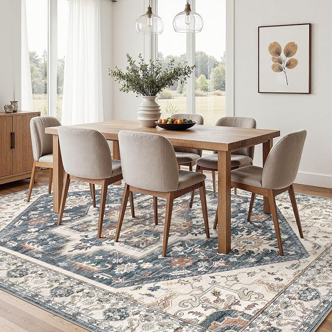 9x12 Area Rugs for Living Room - Large Carpet Ultra Thin Soft Washable Oriental Vintage Floral Distressed Rug Big Indoor Carpets for Bedroom Nursery Dorm Home Decor Aesthetic - Vintage Blue