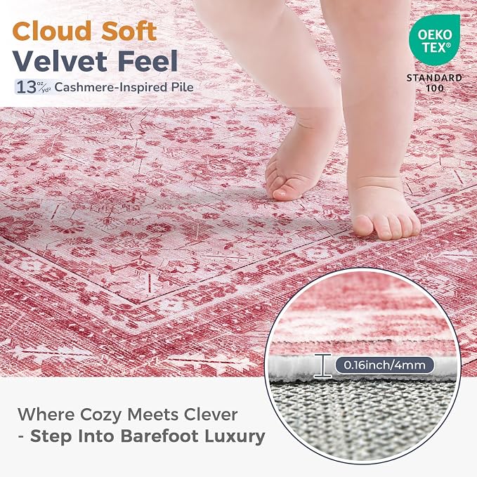 OPPODREAM Vintage Pink Area Rugs 6x9, 6 x 9 Retro Washable Rug Non Slip, Low-Pile Faux Wool Carpet, Distressed Floor Mat for Living Room, Bedroom, Kitchen, Office, Dorm, Dinning Room