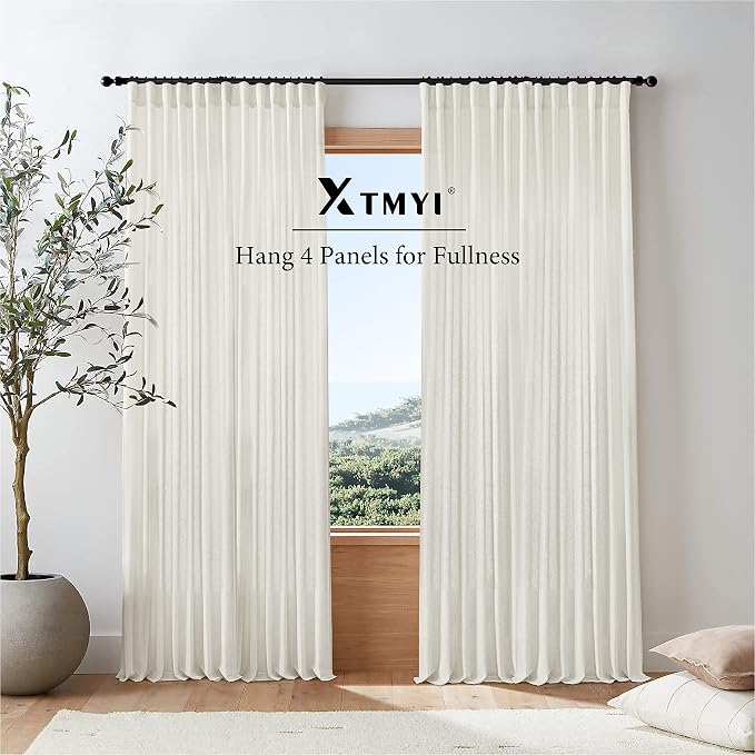 XTMYI 120 Inch Long Linen Curtains,10 FT Back Tab Hooks Belt for Rail Track, Light Filtering Semi Sheer Tall Window High Ceiling Drapes for Living Room, 50”W x 120“L 2 Panels, Cream