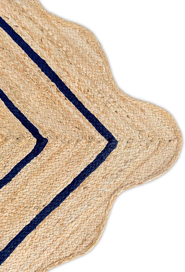 Wave Scalloped Natural Jute Runner Boho Jute Entryway Farmhouse Scallop Rug, Navy (10'x14'")