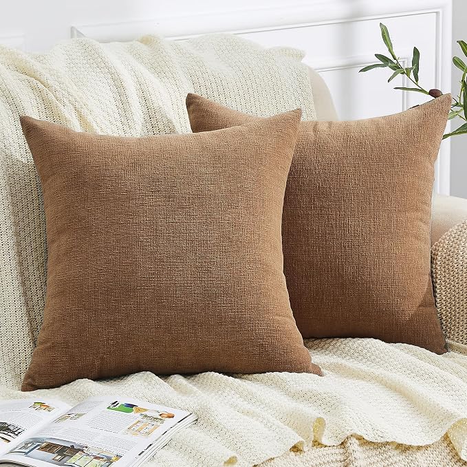GAWAMAY Decorative Chenille Throw Pillow Covers 24x24 Inch Pack of 2, Soft Square Couch Pillow Cover for Sofa Cushion Living Room Bedroom Solid Dyed Pillowcases Brown 60x60cm (ONLY Covers)