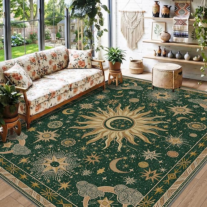 Vacuum-Friendly, 5x7 Washable Area Rug, Green Gold Yellow | Sun and Moon Boho Gothic Non-Slip Low Pile Living Roon Bedroom Dining Room Kitchen Entry Entryway Entrance Hallway Doormat