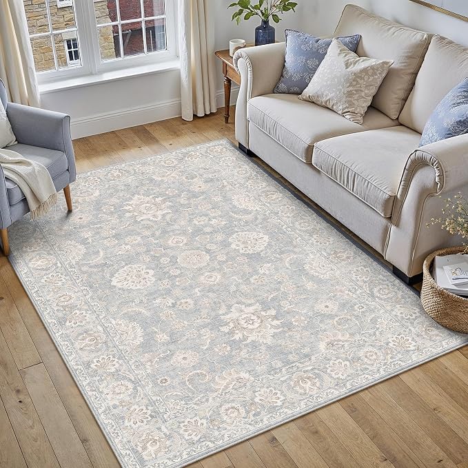 4x5 Blue Cream Washable Area Rug for Living Room Bedroom Neutral Floral Soft Non Slip Rug Low Pile Distressed Carpet for Dining Room Nursery Office Indoor