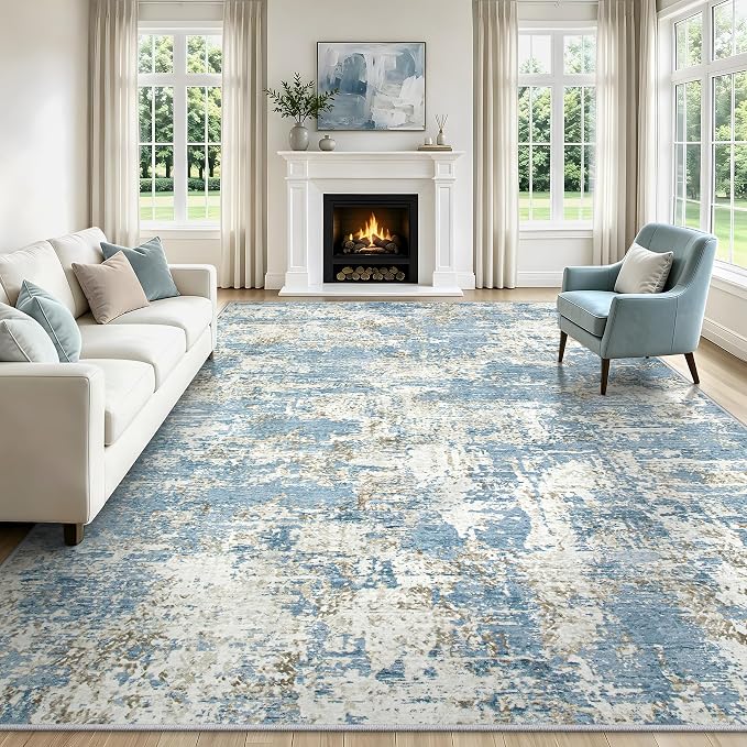 8x10 Area Rugs Living Room Rug Modern Abstract Neutral Washable Rugs Non Slip Soft Carpet Large Area Rug Low Pile Stain Resistant Non Shedding for Bedroom Nursery Dining Room Home Office Blue