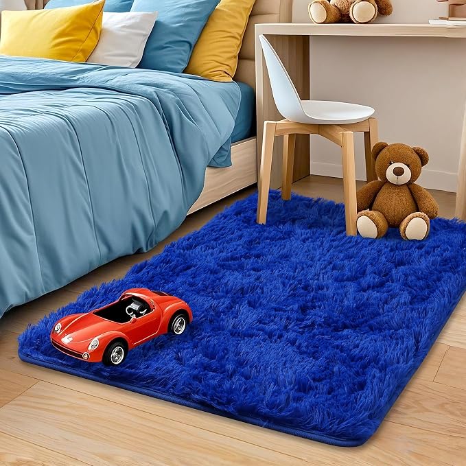 Small Throw Fluffy Shag Blue Area Rug for Bedroom Boys Kids, 2x3 | Ultra Soft Comfy, Fuzzy Plush Carpet for Living Room Nursery Girls Teen Dorm, Modern Indoor Home Decor, Upgrade Non-Slip