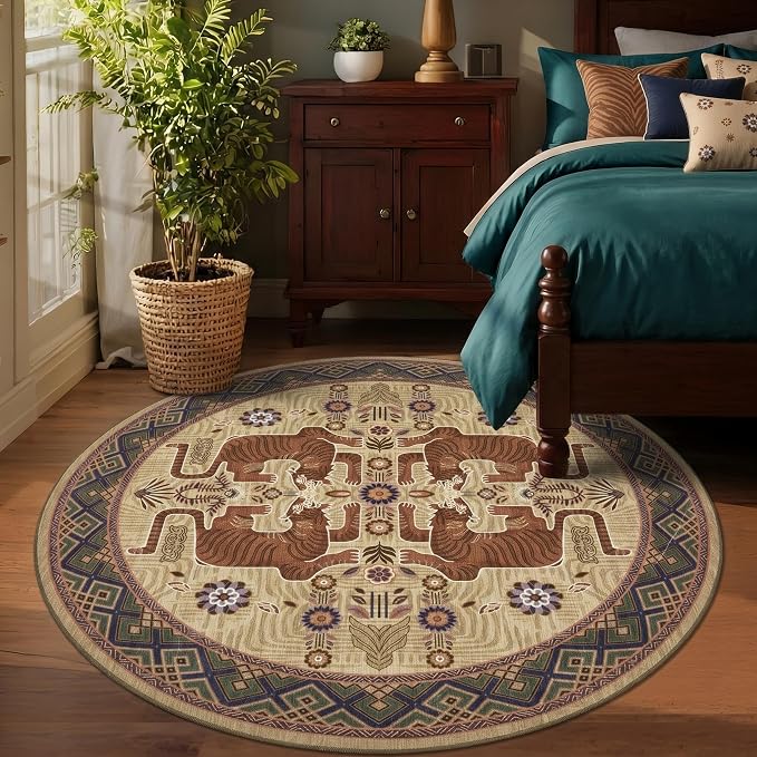 GarveeHome Tiger Round Area Rugs, 4ft Boho Brown Animal Print Bedroom Circle Rugs Non Slip, Washable Vintage Tribal Floor Carpet for Dining Room Entryway Nursery Playroom Office