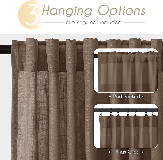 Chocolate Brown Linen Curtain 92 inch Length 2 Panels Set Back Tab Light Filtering Living Room Curtain Drapes Home Office Modern Minimalist Decor Farmhouse Boho Neutral Semi Sheer Curtain 92 inch Long