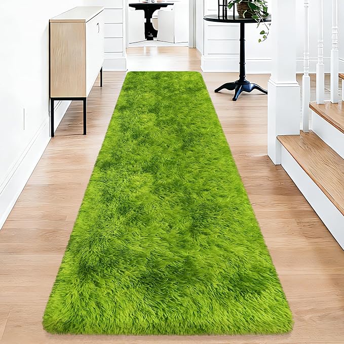 2x10 Feet Tie-Dye Green Shag Fluffy Rug for Bedroom, Soft Fuzzy Plush Long Runner Carpet, Cute Grass Green Runner for Hallway, Kids Girls Room, Baby Nursery, Teen Dorm, Home Decor Aesthetic