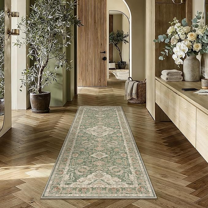 HUGEAR 2x6 Runner Rug Green Machine Washable Area Rug Room Decor Distressed Vintage Hallway Rugs Non Slip Carpet Low Pile Rugs for Kitchen Laundry Living Soft Lightweight