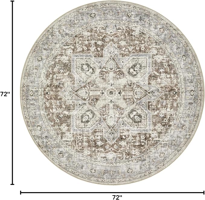 Tortania 6' Round Area Rug Living Room Rugs - Washable Boho Rug Vintage Oriental Distressed Farmhouse Large Thin Indoor Carpet for Bedroom Under Dining Table Home Office - Brown Blue