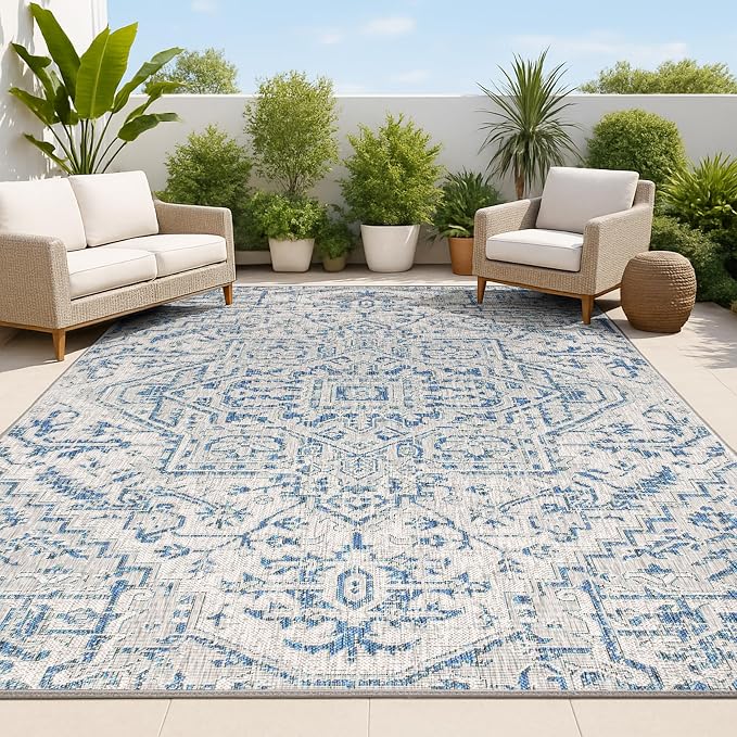JONATHAN Y Boho Medallion Indoor Outdoor Area Rug 9X12 Navy/Gray, Estrella Textured Weave for Backyard, Patio, Porch, Easy-Cleaning, High Traffic, Pet-Friendly, Non-Shedding (SMB105B-9)
