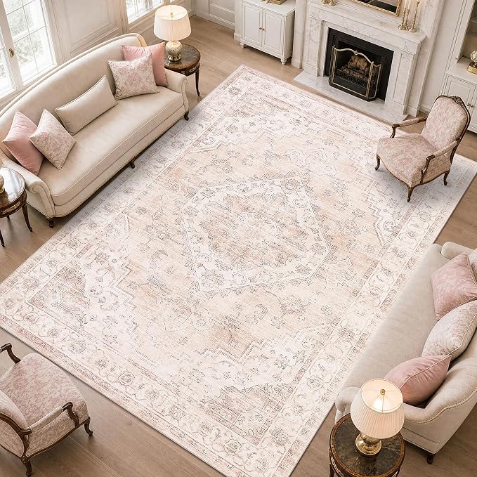 Garvee Pink Girls Bedroom 6x9 Area Rugs for Living Room, Boho Vintage Non-Slip Washable Low-Pile Stain Resistant Soft Carpet for Bedroom Home Office Nursery Kitchen Room Decor
