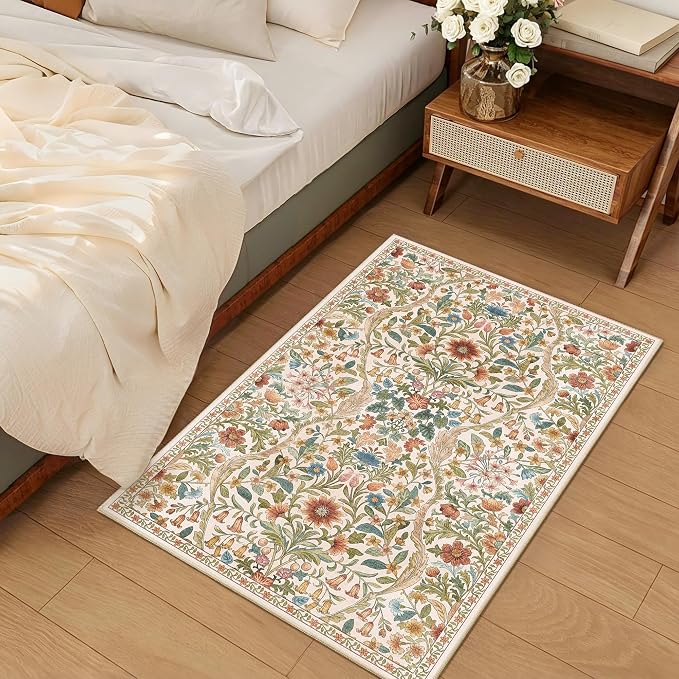 Floral 2x3 Entryway Rug,Washable Front Door Mat Indoor Non Slip Low Pile Small Carpet, Soft Beige Boho Botanical Throw Rug for Bathroom Bedroom Kitchen Laundry Indoor Entrance