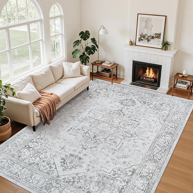 6x9 Area Rugs for Bedroom:Gray Washable Vintage Medallion Rug Non-Slip Soft Low Pile Large Rugs Indoor Retro Carpet for Living Room Kitchen Nursery Dining Table Office (Gray, 6'x9')