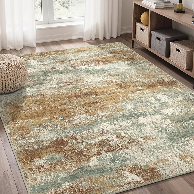 GENIMO Area Rug 5x7 Washable Abstract Modern Rug Non Slip, Throw Neutral Rugs Soft Large Carpet for Living Room Bedroom Dining Room, Low Pile Lightweight, Burnt Orange Brown Green Colorful