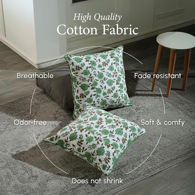 CPC 100% Cotton Throw Pillow Covers 20x20 Inch, Set of 2 Green Block Print Pattern Couch Pillow, Cute Boho Decorative Pillows for Living Room, Bedroom with Hidden Zipper- Moss Green