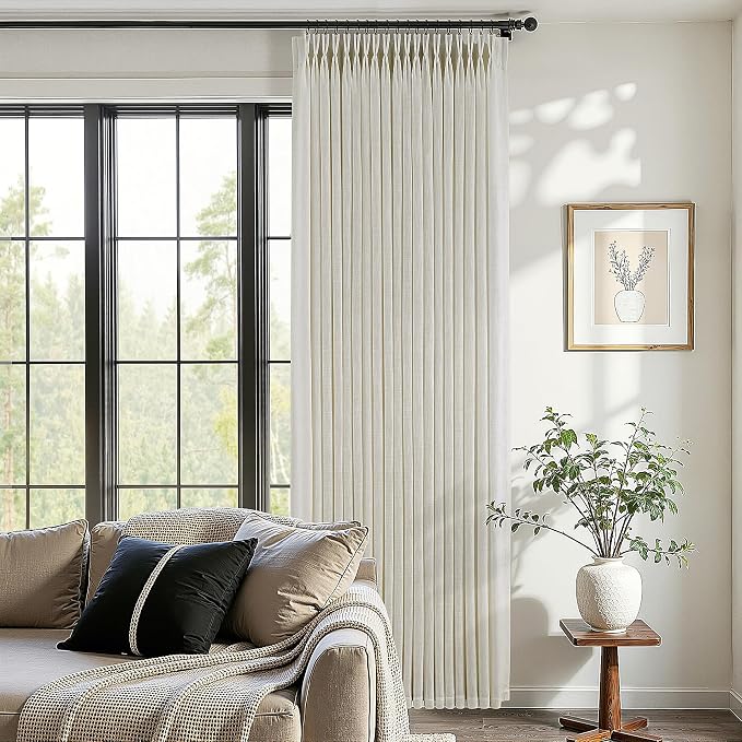 Pinch Pleated Thick Linen Curtains 90 Inch Length 2 Panels Set for Living Room Warm Beige Neutral Pleated Curtains Semi Sheer Light Filtering Privacy Bedroom Window Drapes