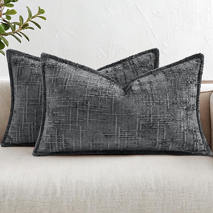 decorUhome Chenille Throw Pillow Covers 12x20 Set of 2,Dark Grey | Soft Texture, Slubby Modern Design, Flange Edges, Cozy Lumbar Accent Pillow Covers for Couch, Sofa, Bed, Living Room