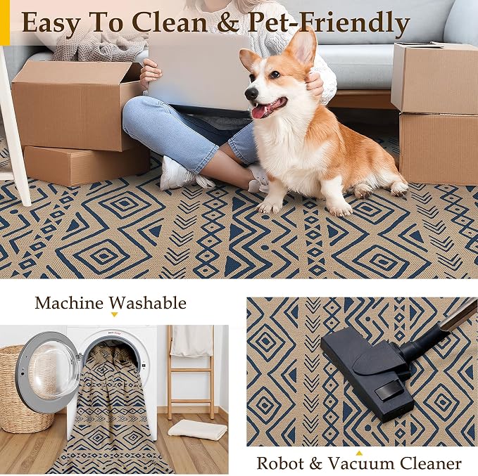 PureCozy 5x7 Easy Jute Outdoor Rug Blue Boho Indoor Outdoor Area Rug Farmhouse Patio Carpet for Backyard, Patio, Porch, Living Room， Easy-Cleaning, High Traffic, Pet-Friendly, Non-Shedding