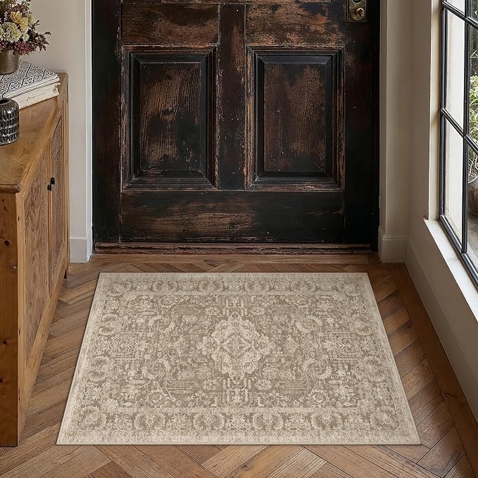 HUGEAR 2x3 Entryway Rug Taupe Machine Washable Rug Small Area Rugs Room Decor Distressed Vintage Indoor Door Mat Low Pile Non Slip Carpet for Kitchen Living Bedroom Soft Lightweight