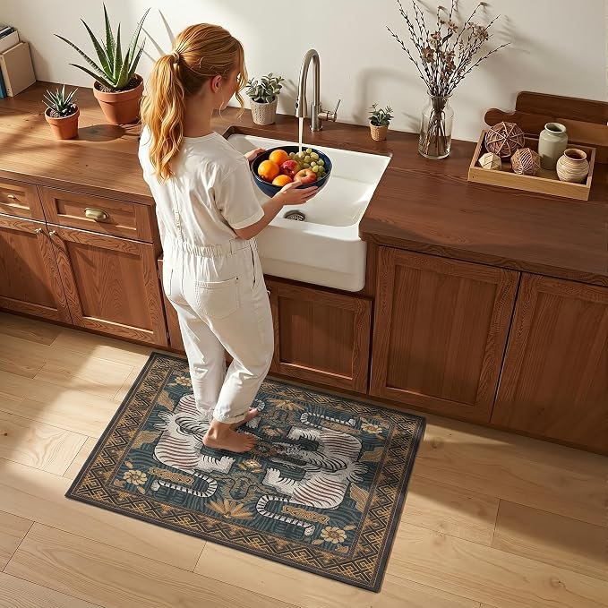 GarveeHome Boho Tiger Entryway Rug, 2x3 Vintage Tribal Washable Front Door Rug Indoor Entrance Animal Carpet Non-Slip Low Pile Throw Rugs for Kitchen Floor, Powder Room, Entry, Bathroom, Kids Room