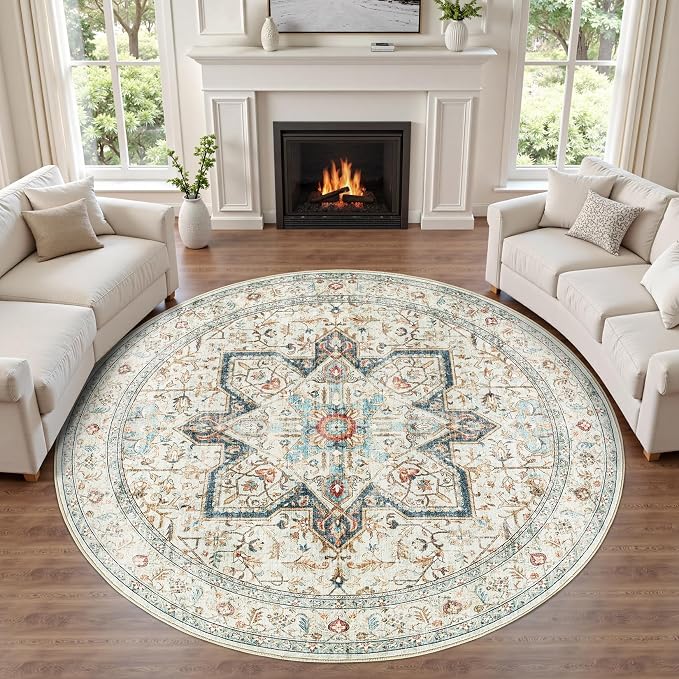 Tortania 6' Round Area Rug Living Room Rugs - Washable Boho Rug Vintage Oriental Distressed Farmhouse Large Thin Indoor Carpet for Bedroom Under Dining Table Home Office - Aqua Multi