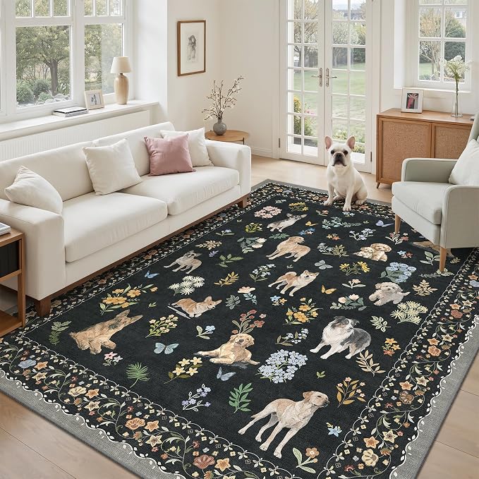 Soalmost Dog 5x7 Area Rugs for Living Room, Washable Animal Soft Rug Black | Floral Vintage Non-Slip Low Pile Cute Throw Rugs for Kitchen Dining Room Bedroom Nursery Playroom 5' x 7'